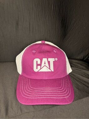 Caterpillar Magenta and White Trucker Hat with Embroidered CAT Logo